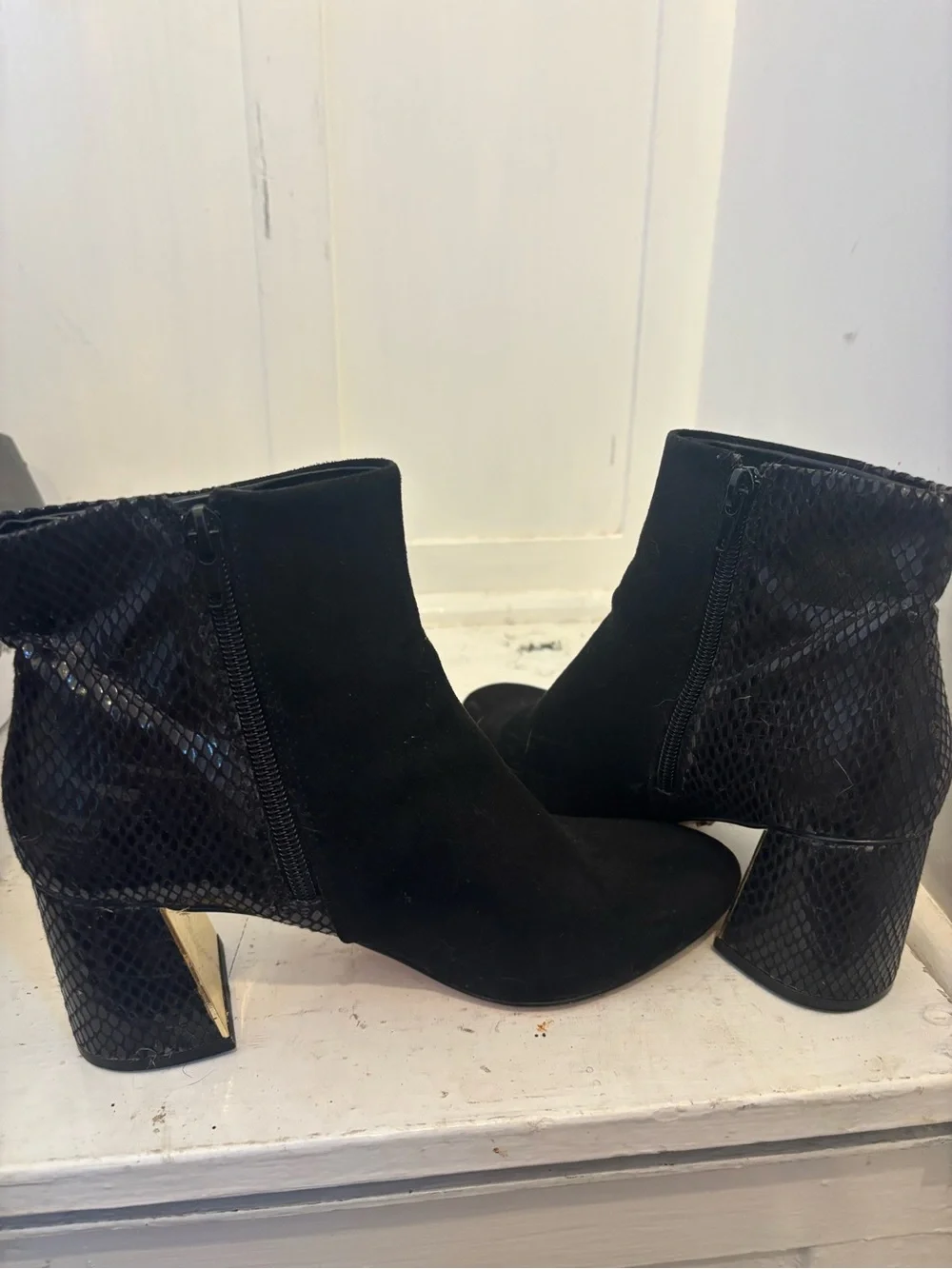 XOXO Women’s Black Suede & Snake-Texture Block Heel Ankle Boots